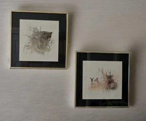Mads Stafe Danish Artist Framed Matted Wildlife Watercolor Pair • Bear/Deer 13" - Picture 1 of 21