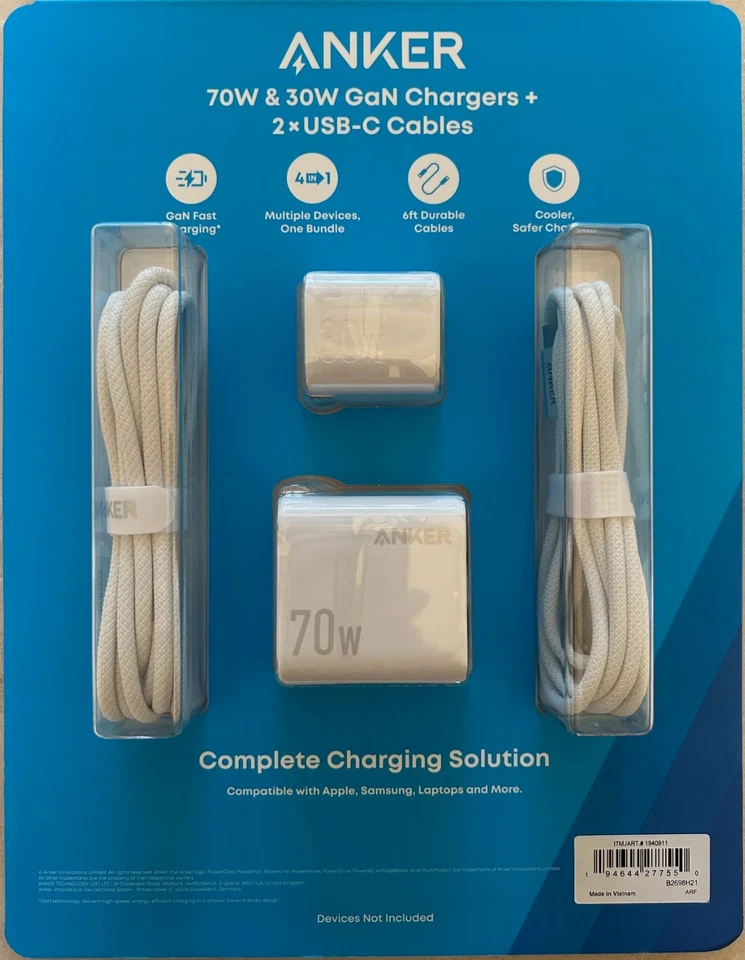 Anker 70W/30W Wall Charger Bundle Foldable Plugs 2 6ft USB C-C Cables