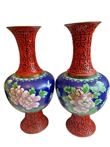 Vintage chinesische geschnitzte Zinnober Lack Cloisonné Vase Paar asiatische China Blumen - Bild 1 von 7