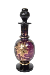 Antyczna fioletowa szklana butelka perfumy attar włoski wenecki pozłacany kwiatowy wzór - Zdjęcie 1 z 11