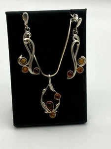 925 Sterling Silver Real Amber Stones Earrings and Pendant 11.54g - Picture 1 of 12
