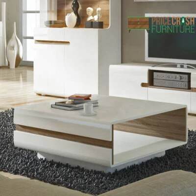 CHELSEA 75CM SMALL SQUARE COFFEE TABLE IN WHITE GLOSS WITH TRUFFLE OAK - Image 1 of 4
