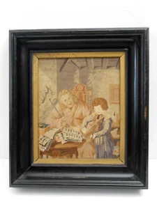Antique Framed Petit Point Needlepoint tapestry ' Music lesson' 10x11 in - Picture 1 of 4