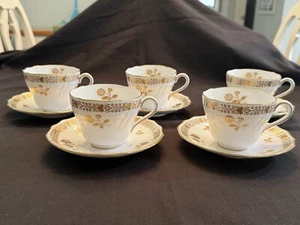 Spode Copeland BEAUMONT For Tiffany's Gold Floral Footed Cups & Saucers Set/5 - Picture 1 of 14