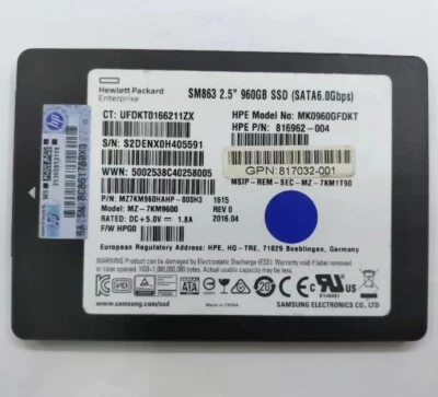 960GB SSD SAMSUNG MK0960GFDKT SM863 2.5" MZ7KM960HAHP-000H3 MZ-7KM9600 F/W HPG0 - Image 1 of 4