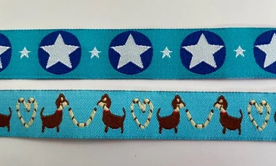 Jacquard Ribbon aqua light blue dog heart love stars 5/8" collar - Image 1 of 2