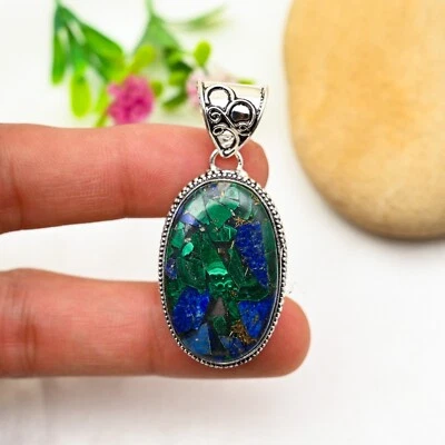 Azurite Malachite Gemstone Pendant 925 Sterling Silver Handmade Jewelry For Gift - Image 1 of 4