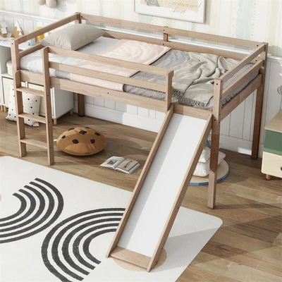 Twin Size Wood Low Loft Bed with Slide & Ladder for Kids Children-White Oak - Image 1 of 4