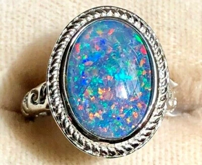 Anel feminino opala australiana pastel clássico grande 6 preto esterlina dupla - Imagem 1 de 4