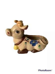 Vintage Cow Creamer Pitcher Ceramic Kitschy white w/ Red and Blue Flowers - Picture 1 of 8