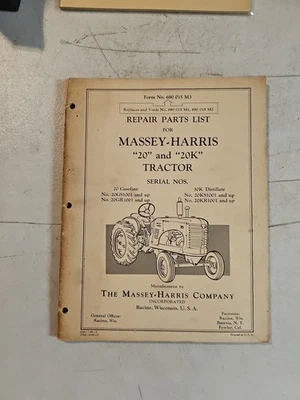 Vintage Original 1949 MASSEY-HARRIS 20 & 20K Tractor Repair Parts List Manual  - Image 1 of 4