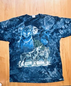 Vintage Original Desert Wash blau Batik T-Shirt Wolf Wölfe Vollmond Herren Large  - Bild 1 von 9