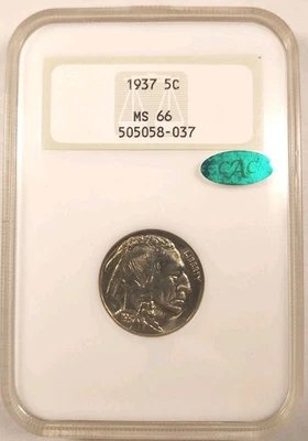 CAC Stickered Early NGC Holder, 1937 Buffalo Nickel MS-66, Gen Of 1st Hologram - Image 1 of 4