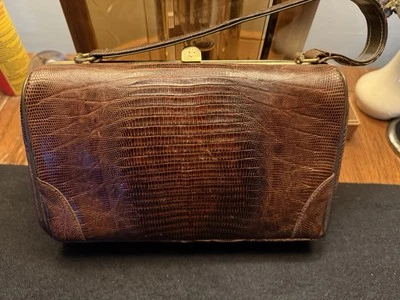 (STERLING) Bolso Kelly 'LIZARD RETRO' Años 50 60 Marrón CUERO Cartera con Cierre de Latón Foto 1 de 4