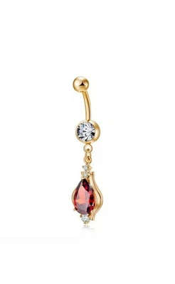 2Ct Pear Cut Lab Created Ruby & Diamond Belly Button Ring 14K Yellow Gold Plated - Image 1 of 4