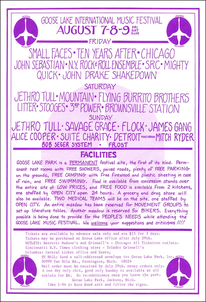 ALICE COOPER STOOGES IGGY POP JAMES GANG 1970 Goose Lake Festival Concert Poster - Image 1 of 1