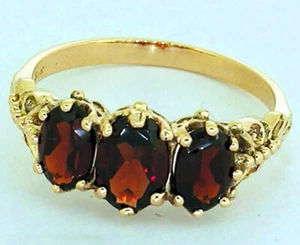 R225 Genuine 9K Yellow or Rose Gold Natural Garnet Trilogy Ring Three-Stone - Picture 1 of 5