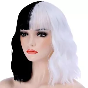 Short Wave Wigs With Bangs Half Black Half White Synthetic Wig Cos Heat Safe - Picture 1 of 10
