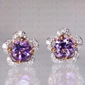 4.00ct Round Cut Natural Amethyst & Diamond Stud Earring 14K Solid Rose Gold - Picture 1 of 15