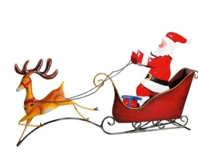 Metall - Deko " Weihnachtsmann mit Rentier und Schlitten Rot - Bunt  73x37x13 cm - Bild 1 von 3