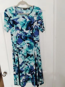 NINA LEONARD BLUE/GREEN MULTI SHORT SLEEVED SWING PANELLED DRESS. SIZE XS - Picture 1 of 5