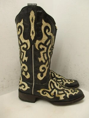 Botas de Vaquero Tanner Mark Cuero Negro Lentejuelas Acento Bling Para Mujer Talla 6.5 Foto 1 de 4