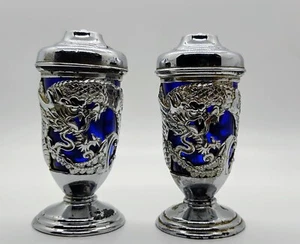 1950s Japanese Cobalt Blue Glass Silver Tone Salt & Pepper Shakers - Picture 1 of 5