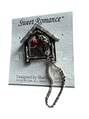 Sweet Romance  NWT Scottie Dog House Pin Crystal Chain Silver Enameled 1 1/4" - Image 1 of 4
