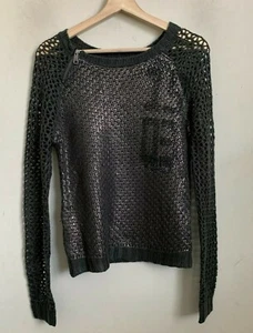 Harley Davidson Olive Sweater Pullover Foil Print Logo Crochet Long Sleeves Sz S - Picture 1 of 9