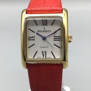 Peugeot Watch Women 26mm Gold Silver Tone 3036 Tank Rectangle Red Leather Band - Picture 1 of 14