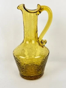Vintage Yellow Gold Crackle Glass 5 1/4" Tall Pitcher Vase Applied Handle - Picture 1 of 9