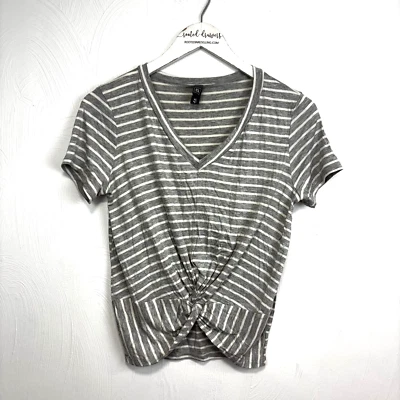 Alya Casual T-Shirt V Neck Gray White Striped Pullover Short Sleeve Women Top XS - Image 1 of 4