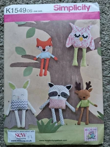Simplicity Pattern K1549 Stuffed Animals :- Owl,Bunny,Raccoon,Fox,Deer - Picture 1 of 3