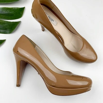 Salto Prada Milano Pumps plataforma couro envernizado bronzeado feminino Itália 37 EUA 7 - Imagem 1 de 4