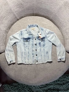Chelsea & Violet Denim Jacket Womens XL Light Wash Cropped Raw Hem Button Front - Picture 1 of 10