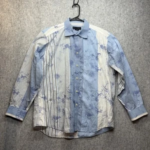 VTG Cotton Reel L Blue & White Stripe Floral Long Sleeve Button Up 100% Cotton - Picture 1 of 9