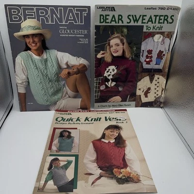 Vintage Leisure Arts & Bernat Sweater Pattern Books - Lot of 3 - Vests & Bears - Image 1 of 4