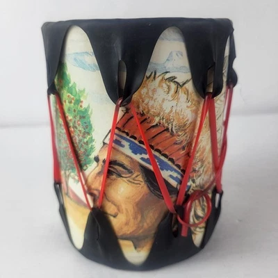 Vintage Native American Mini Drum Souvenir  Toy Art Teepee Chief Decor 5" Tall - Image 1 of 4