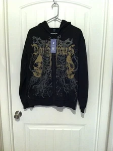 Romwe Black Hoodie Full Zip Up Jacket “Dangerous” Skulls Graphic Print Adult M - Picture 1 of 8