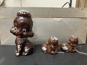 Vintage Redware chained poodle set with puppies Brown Poodles made in Japan dogs - Picture 1 of 5