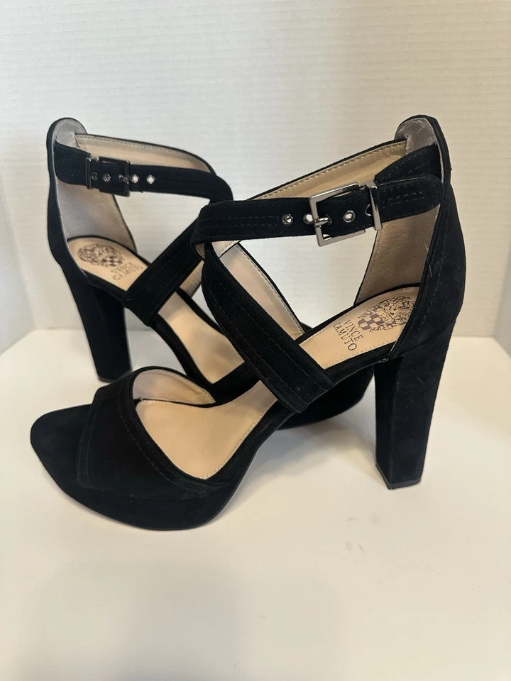 Vince Camuto Sandals Womens 11 Black Suede Heeled Cross Strap Open Toe Shayla - Image 1 of 4