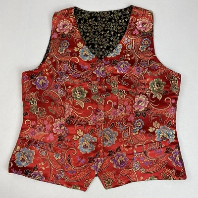 Reversible Medium VEST Women Button Up Red Black Multicolor Silky Shiny Floral - Image 1 of 4