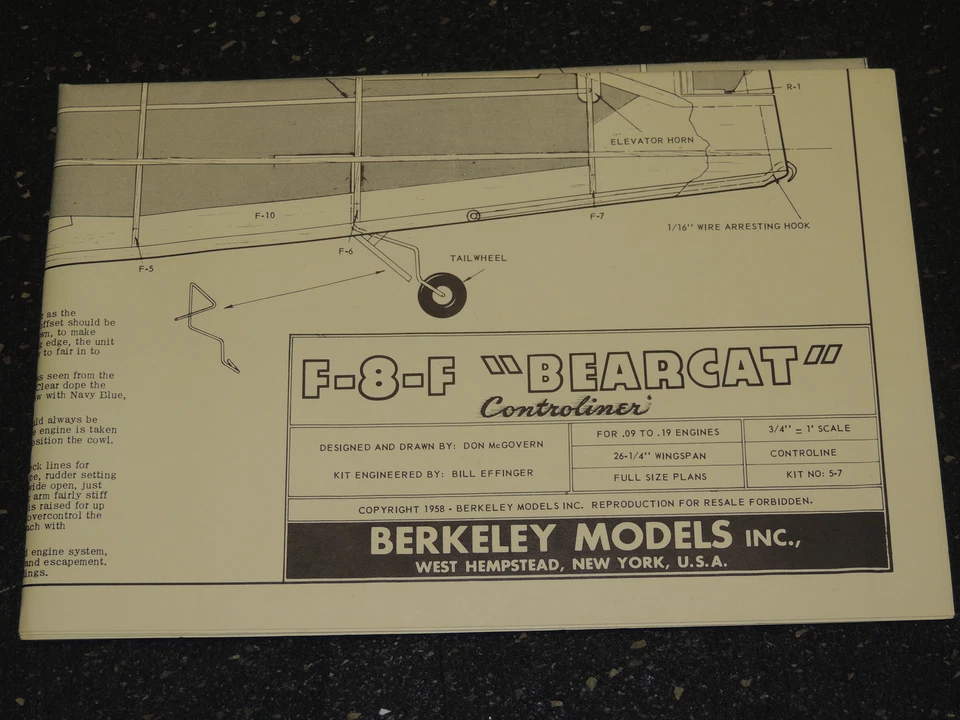 Berkeley Models Airplane Blueprints Plans 1958 F-8-F Bearcat - Image 1 of 1