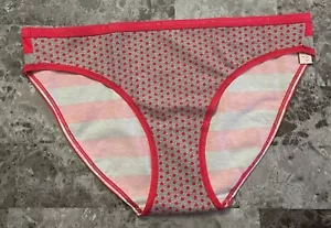 NWT VICTORIA'S SECRET L GRAY RED POLKA DOT STRIPE LOGO BAND RARE BIKINI PANTIES - Picture 1 of 3