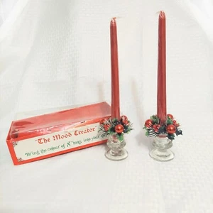 Vtg Christmas Glass Candlesticks The Mood Creator Red Green Plastic Floral Retro - Picture 1 of 7