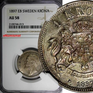 SWEDEN Oscar II Silver 1897 EB 1 Krona NGC AU58 Nice Toned SCARCE KM# 760 (013) - Picture 1 of 4