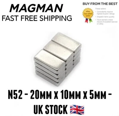 MAGMAN 20mm x 10mm x 5mm Strongest Neodymium Block Magnets 🧲 N52 - 5pcs - 25pcs
