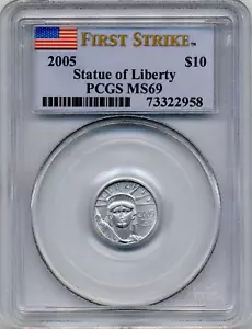 2005 US $10 Statue of Liberty .9995 Fine Platinum 1/10 oz Coin - PCGS MS69 - Imagen 1 de 2