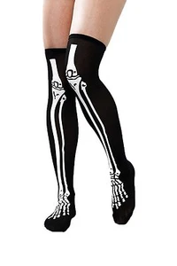 HAAC Nylon halterlose Strümpfe schwarz mit weißem Skelettdruck Skelett Halloween - Bild 1 von 1