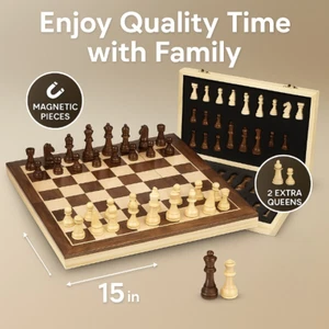 Magnetic Wooden Chess Set 15" Folding Board Game for Kids Adults w/ Storage Box - Picture 1 of 8